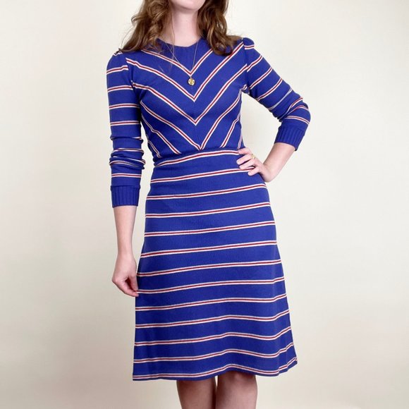 Vintage Dresses & Skirts - Vintage 70s Striped Ribbed Knit Long Sleeve Midi Sweater Dress Preppy Coastal
